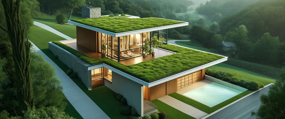 imagen fotorealista de una vivienda unifamiliar con cubierta vegetal